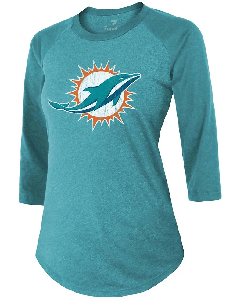 Women's Tua Tagovailoa Aqua Miami Dolphins Player Name Number Raglan 3/4 Sleeve Tri-Blend T-shirt