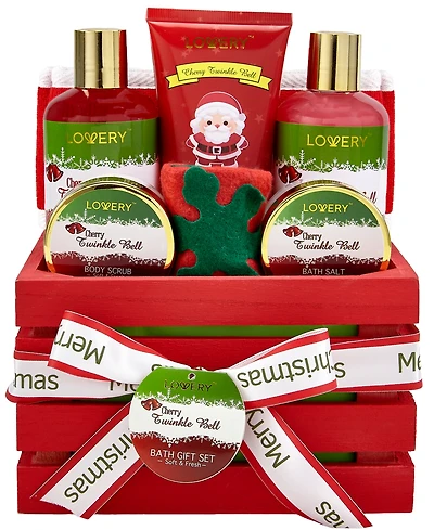Lovery Cherry Twinkle Bell Christmas Gift Set, Bath and Body Care Package, 8 Piece