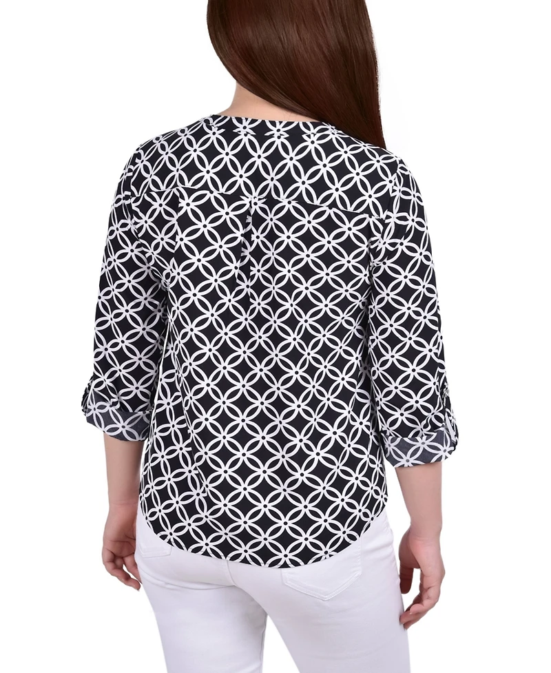 Women's 3/4 Roll Tab Sleeve Mandarin Collar Blouse