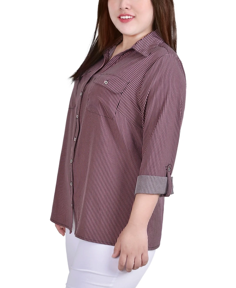 Ny Collection Plus Size 3/4 Sleeve Roll Tab Notch Collar Blouse