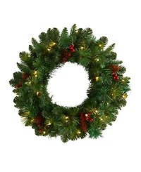 Frosted Pine Artificial Christmas Wreath with Pinecones, Berries and 35 Warm Led Lights, 20"