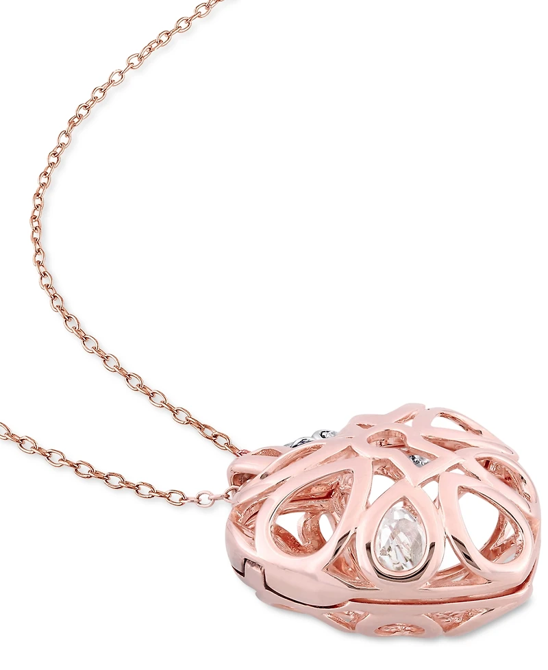 White Topaz Heart Lock & Key 18" Pendant Necklace in Sterling Silver & 18k Rose Gold-Plate
