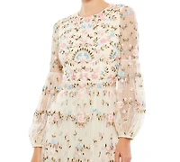 Mac Duggal Women's Embroidered High Neck Illusion Sleeve Tiered Gown