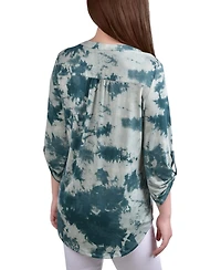 Ny Collection Petite Knit Jacquard 3/4 Sleeve Roll Tab Pintuck Top