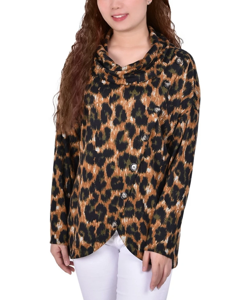 Petite Long Sleeve Knit Cowl Neck Top with Crossover Styling
