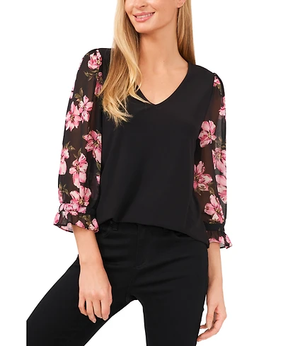 CeCe Women's 3/4-Floral Sleeve V-Neck Blouse