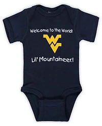 Infant Boys and Girls Navy West Virginia Mountaineers Welcome To The World Creeper