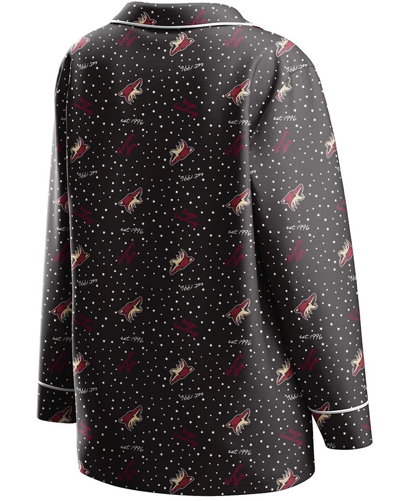 Women's Black Arizona Coyotes Long Sleeve Button-Up Shirt and Pants Sleep Set