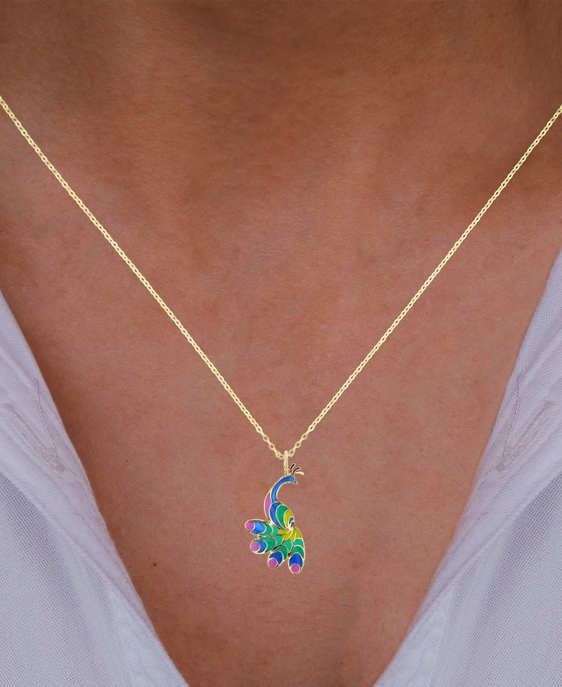 Enamel Peacock 18" Pendant Necklace in 14K Yellow Gold