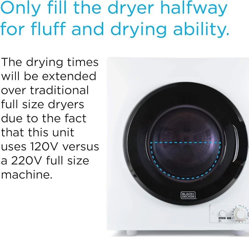 Black+Decker Compact Dryer for Standard Wall Outlet, Small, 4 Modes, Load Volume 13.2 lbs