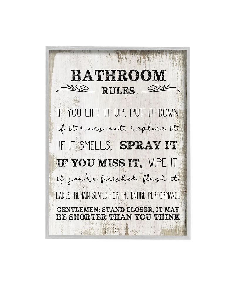 Stupell Industries Bathroom Rules Funny Word Wood Textured Design Gray Farmhouse Rustic Framed Giclee Texturized Art, 11" x 14"