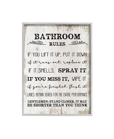 Stupell Industries Bathroom Rules Funny Word Wood Textured Design Gray Farmhouse Rustic Framed Giclee Texturized Art, 11" x 14"