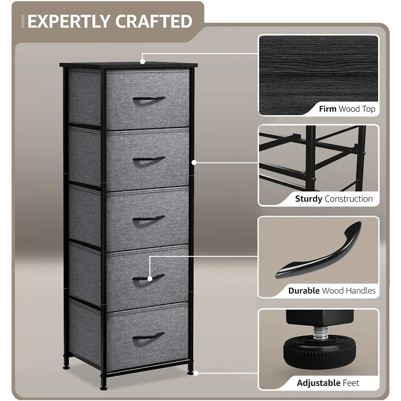 Sorbus Narrow 5 Drawers Nightstand with Steel Frame, Wood Top, Easy Pull Fabric Bins for Home, Bedroom