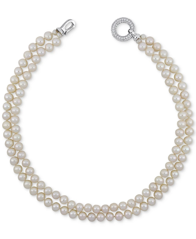 Cultured Freshwater Pearl (7 - 8mm) & Cubic Zirconia Double Strand 17" Collar Necklace