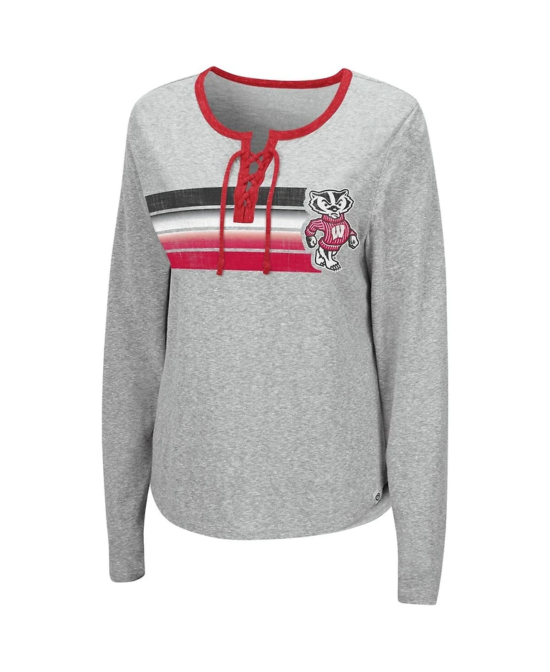 Women's Colosseum Heathered Gray Wisconsin Badgers Sundial Tri-Blend Long Sleeve Lace-Up T-shirt