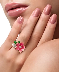 Effy Pink & Green Enamel & Diamond Flower Ring (1/5 ct. t.w.) in 14k Rose Gold