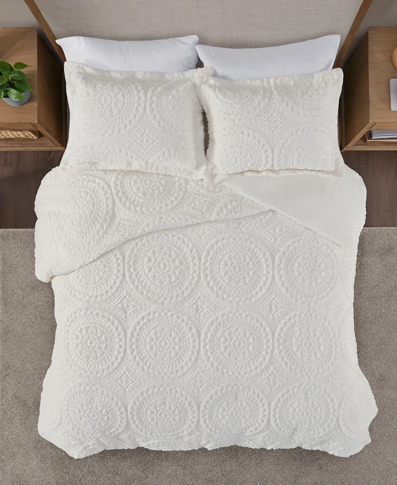 Madison Park Arya Embroidered Medallion Faux Fur 3-Pc. Duvet Cover Set, Full/Queen