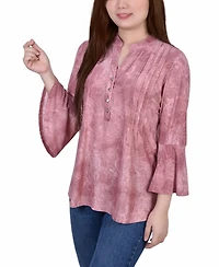 Ny Collection Petite 3/4 Bell Sleeve Printed Pleat Front Y-neck Top