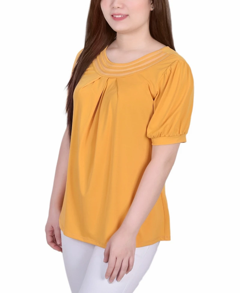 Ny Collection Petite Short Puff Sleeve Mesh Inset Top