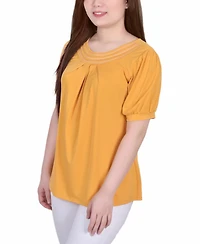 Ny Collection Petite Short Puff Sleeve Mesh Inset Top
