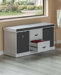 Basicwise White Shoe Storage Bench with Wooden Frame, 2 Drawers, Foldable Baskets, and Comfortable Gray Cushion for Entryway, Hallway, or Bedroom Orga
