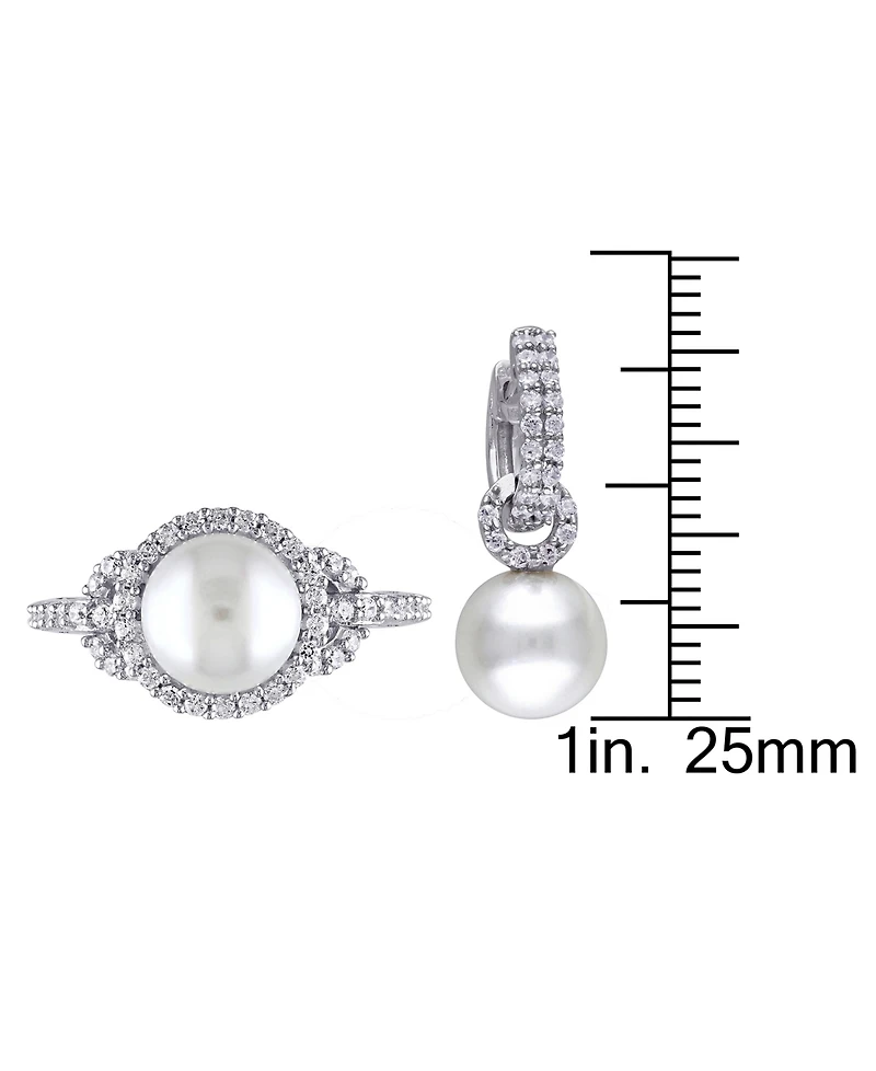 2-Pc. Set Cultured Freshwater Pearl (8-9mm) & Cubic Zirconia Dangle Hoop Earrings Halo Ring Sterling Silver
