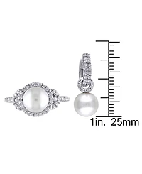2-Pc. Set Cultured Freshwater Pearl (8-9mm) & Cubic Zirconia Dangle Hoop Earrings Halo Ring Sterling Silver