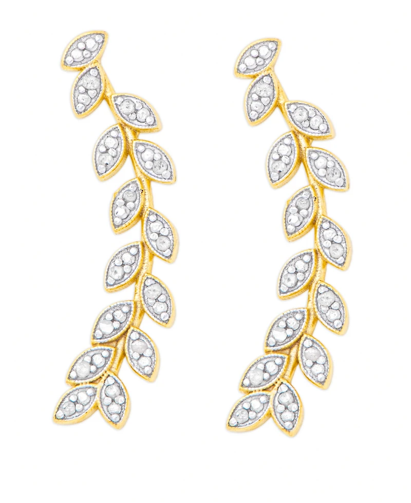 Diamond Accent Leaf Ear Climber Earrings in 14K Gold Plate and Fine Silver Plate