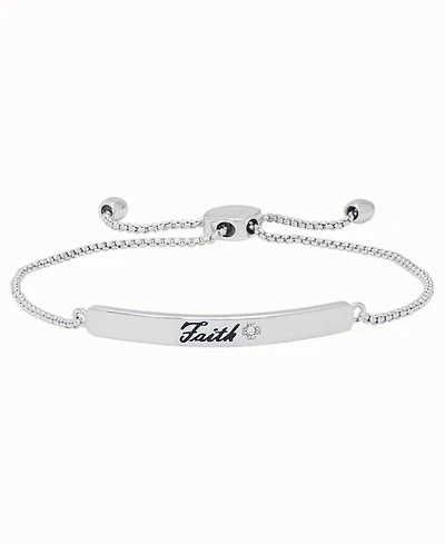 Diamond Accent 'Faith' Adjustable Bolo Bracelet in Fine Silver Plate