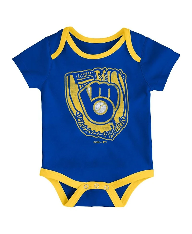 Baby Boys or Baby Girls Newborn Infant Royal and Gold and Cream Milwaukee Brewers Three-Pack Number One Bodysuit