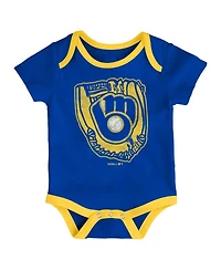 Baby Boys or Baby Girls Newborn Infant Royal and Gold and Cream Milwaukee Brewers Three-Pack Number One Bodysuit