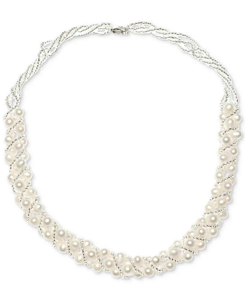 Cultured Freshwater Pearl Woven Necklace (4mm) & Stud Earrings (6mm) Set Sterling Silver