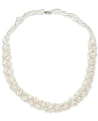 Cultured Freshwater Pearl Woven Necklace (4mm) & Stud Earrings (6mm) Set Sterling Silver