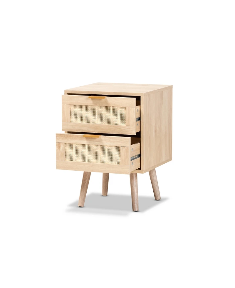 Baird Mid-Century Modern Wood and Rattan 2 Drawer Nightstand