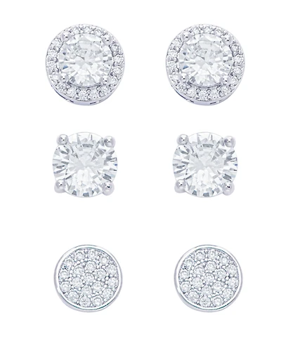Women's Fine Silver Plated Round, Halo, Cubic Zirconia Stud Earrings Set, 6 Pieces