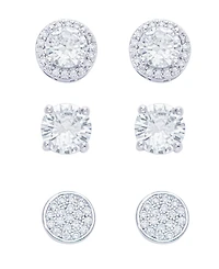Women's Fine Silver Plated Round, Halo, Cubic Zirconia Stud Earrings Set, 6 Pieces