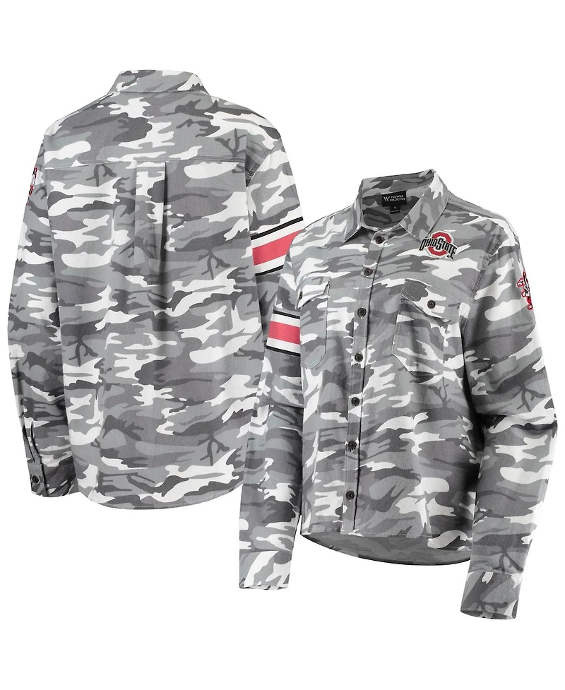 Women's The Wild Collective Gray Ohio State Buckeyes Camo Flannel Button-Up Long Sleeve Shirt