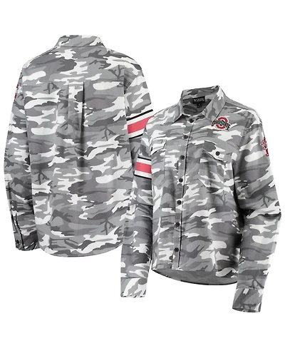 Women's The Wild Collective Gray Ohio State Buckeyes Camo Flannel Button-Up Long Sleeve Shirt
