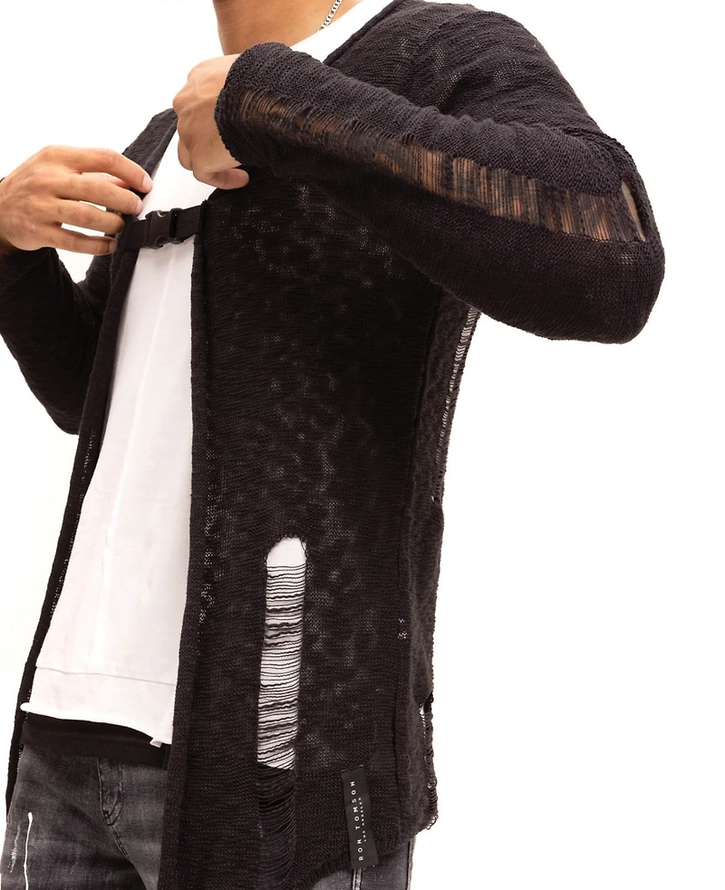Ron Tomson Men's Modern Buckled Long Cardigan Sweater