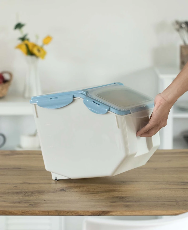 Plastic Storage Food Holder Containers with a Measuring Cup and Wheels