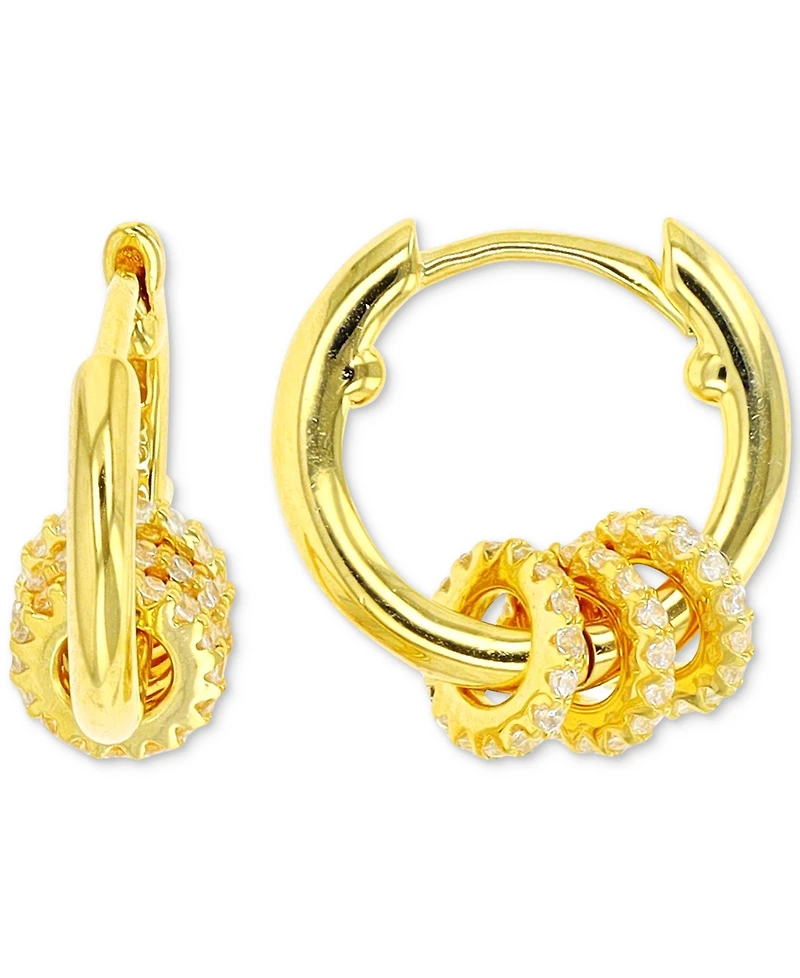 Cubic Zirconia Rondelle Small Huggie Hoop Earrings in Sterling Silver, 0.61"