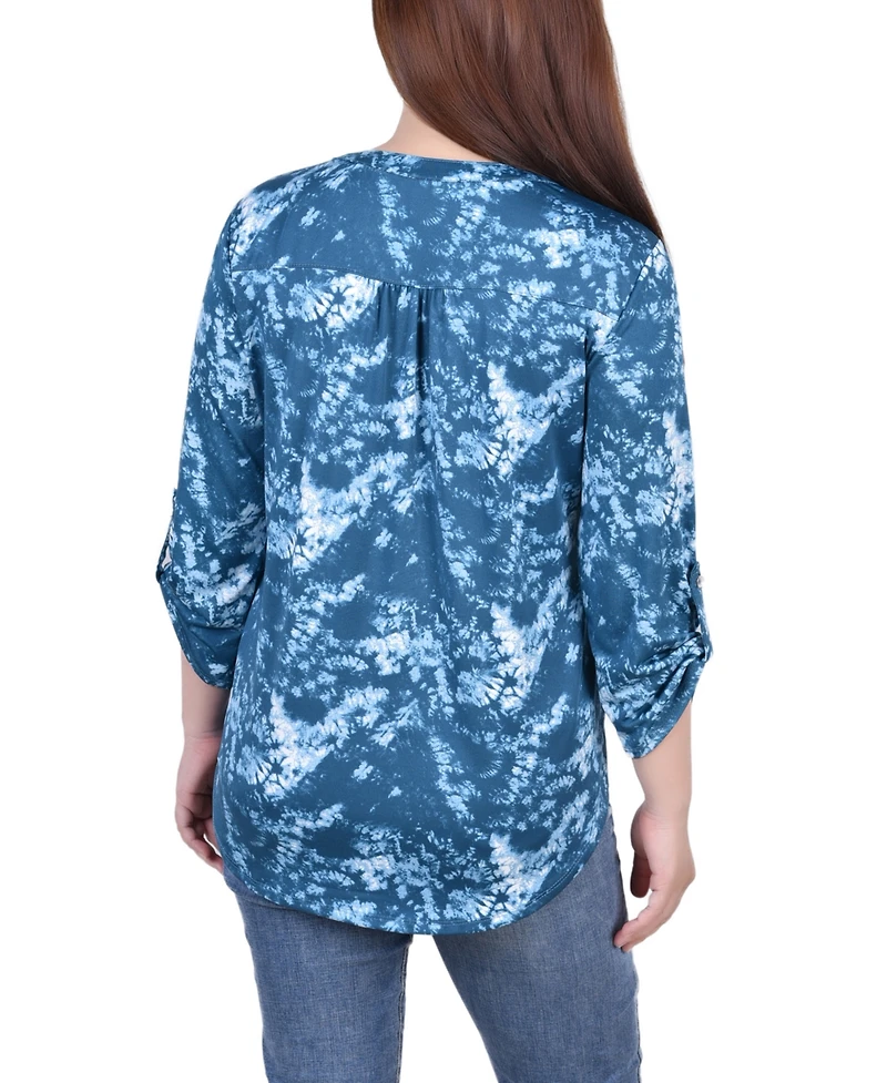 Ny Collection Petite Knit Jacquard 3/4 Sleeve Roll Tab Pintuck Top