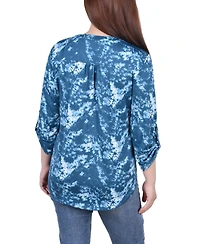 Ny Collection Petite Knit Jacquard 3/4 Sleeve Roll Tab Pintuck Top