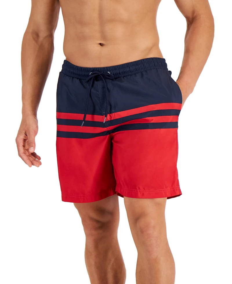 Club Room Men's Quick-Dry Performance Colorblocked Stripe 7" Swim Trunks, Created for Macy's