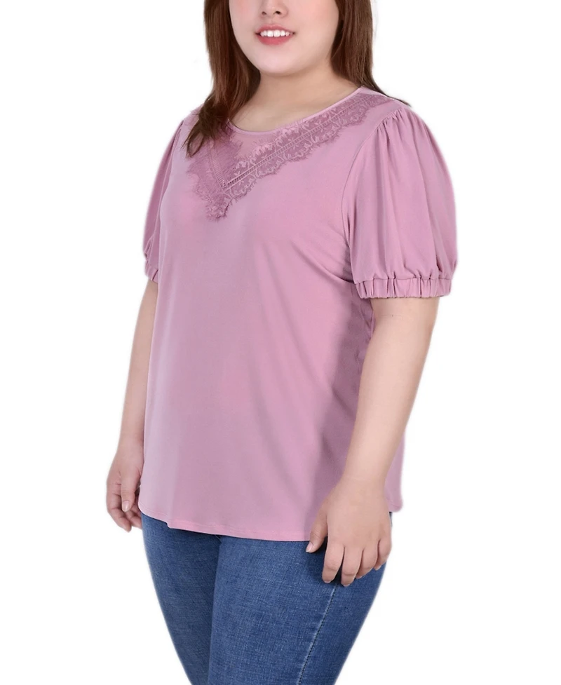Ny Collection Plus Short Sleeve Top With Mesh and Lace