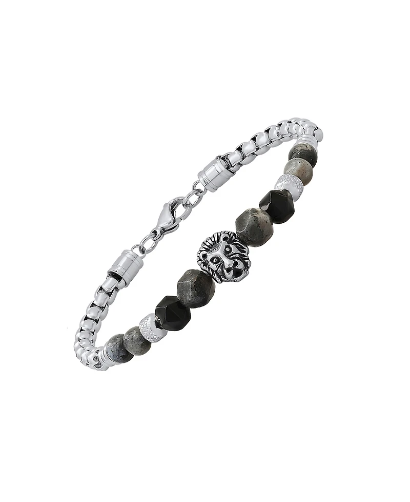 Steeltime Men's Stainless Steel Curb Chain Link Bracelet and Black or Gray Agate Stones with Lion Charm