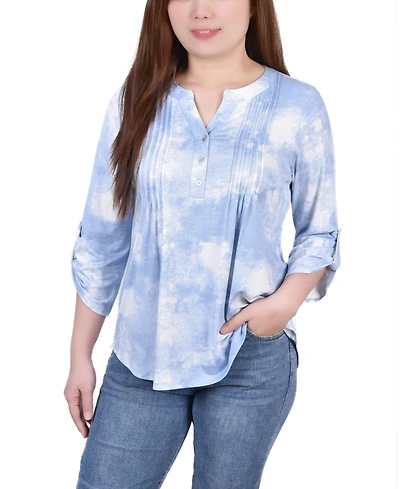 Ny Collection Women's Knit Jacquard 3/4 Sleeve Roll Tab Top