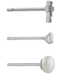 Giani Bernini 3-Pc. Cubic Zirconia & Cultured Freshwater Pearl (4mm) Stud Earrings in Sterling Silver, Created for Macy's