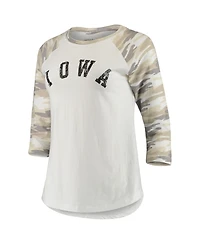 Women's White and Camo Iowa Hawkeyes Boyfriend Baseball Raglan 3/4-Sleeve T-shirt