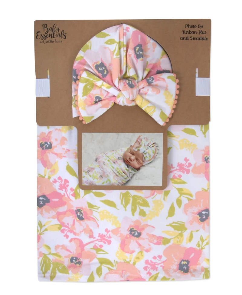 Baby Girls Soft Floral Print Swaddle Wrap Blanket with Matching Turban, 2 Piece Set